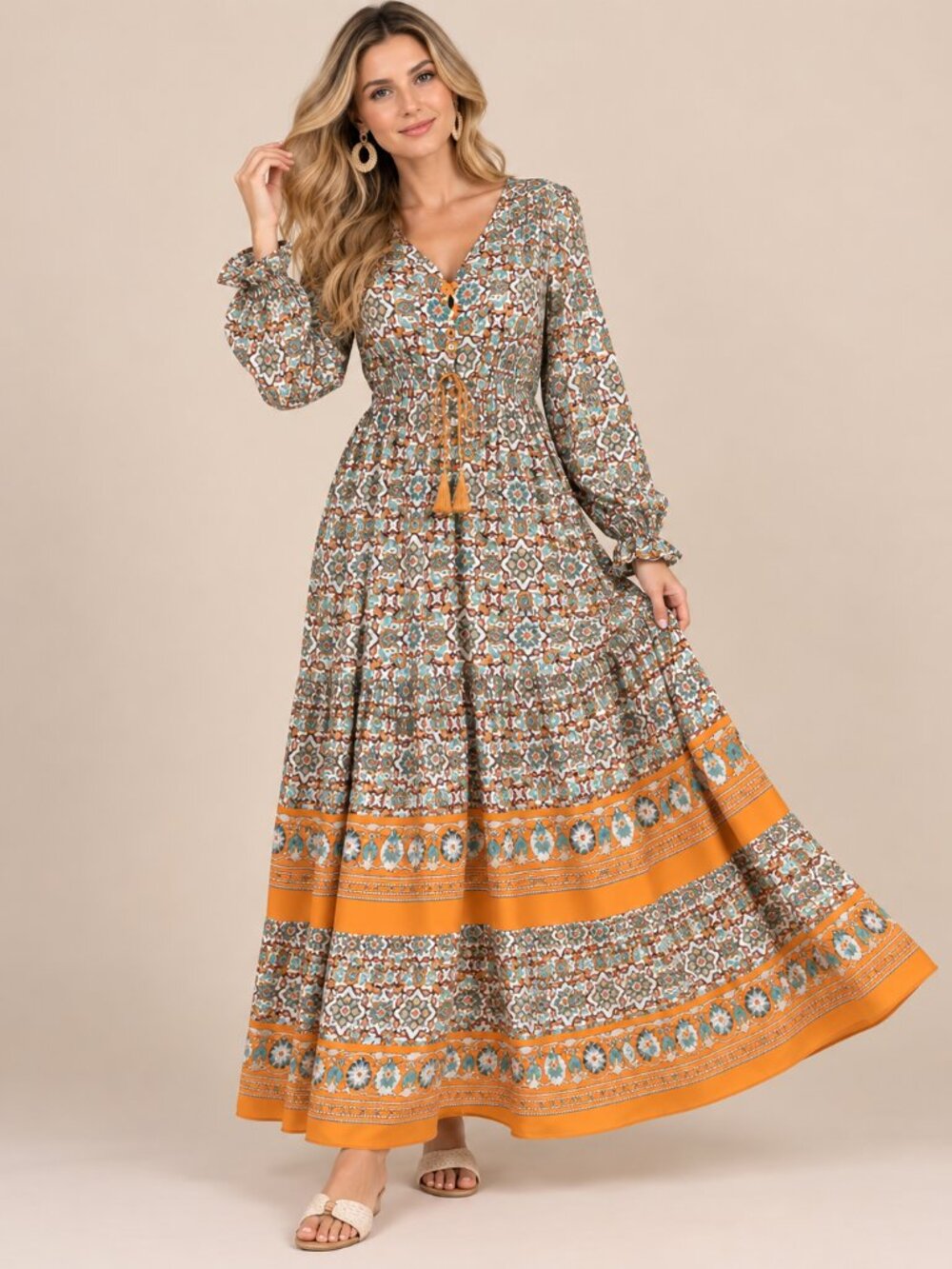 167- Vintage Bohemian Floral Print Tie-Waist Long Sleeve Maxi Dress